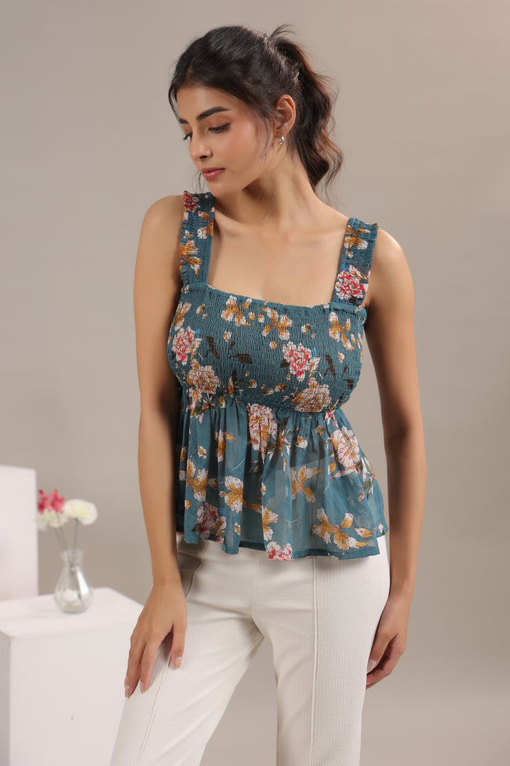Teal Floral Print Chiffon Smocked Peplum Crop Top For Women