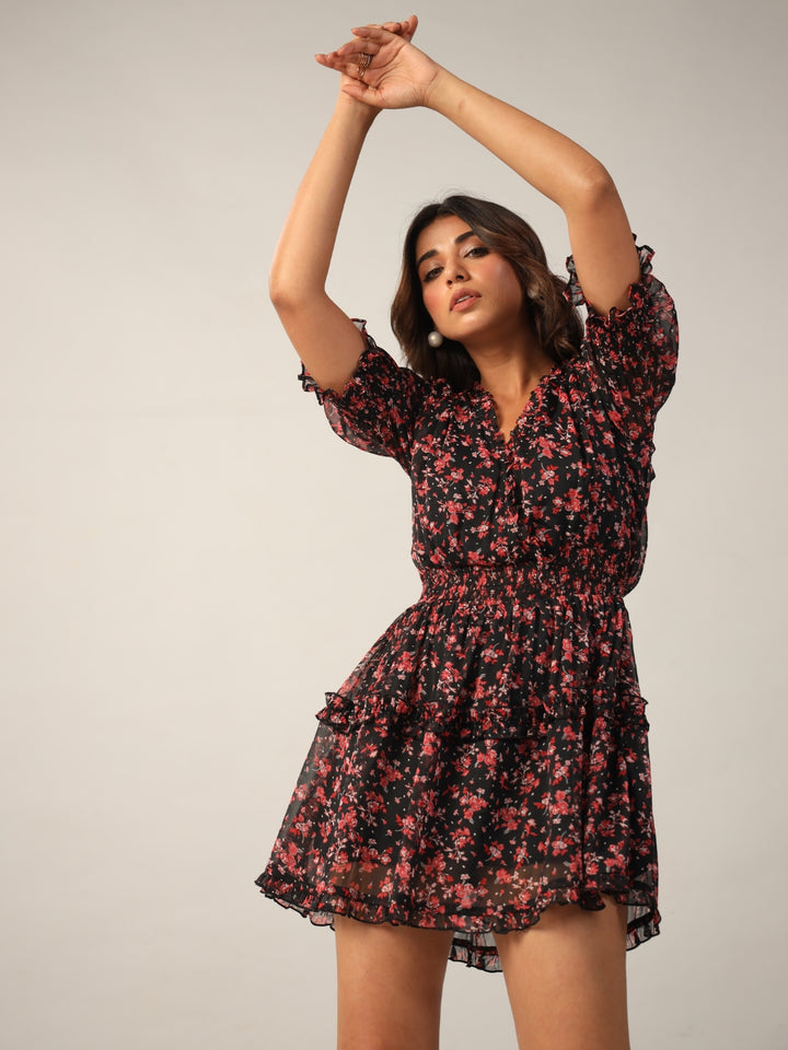 Black Floral Lurex Flared Mini Dress Front1
