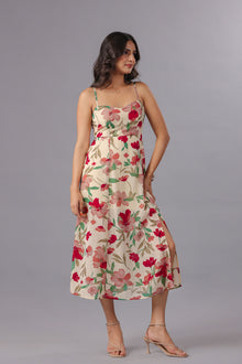 Cream Floral Printed Spaghetti Strap Midi Dress