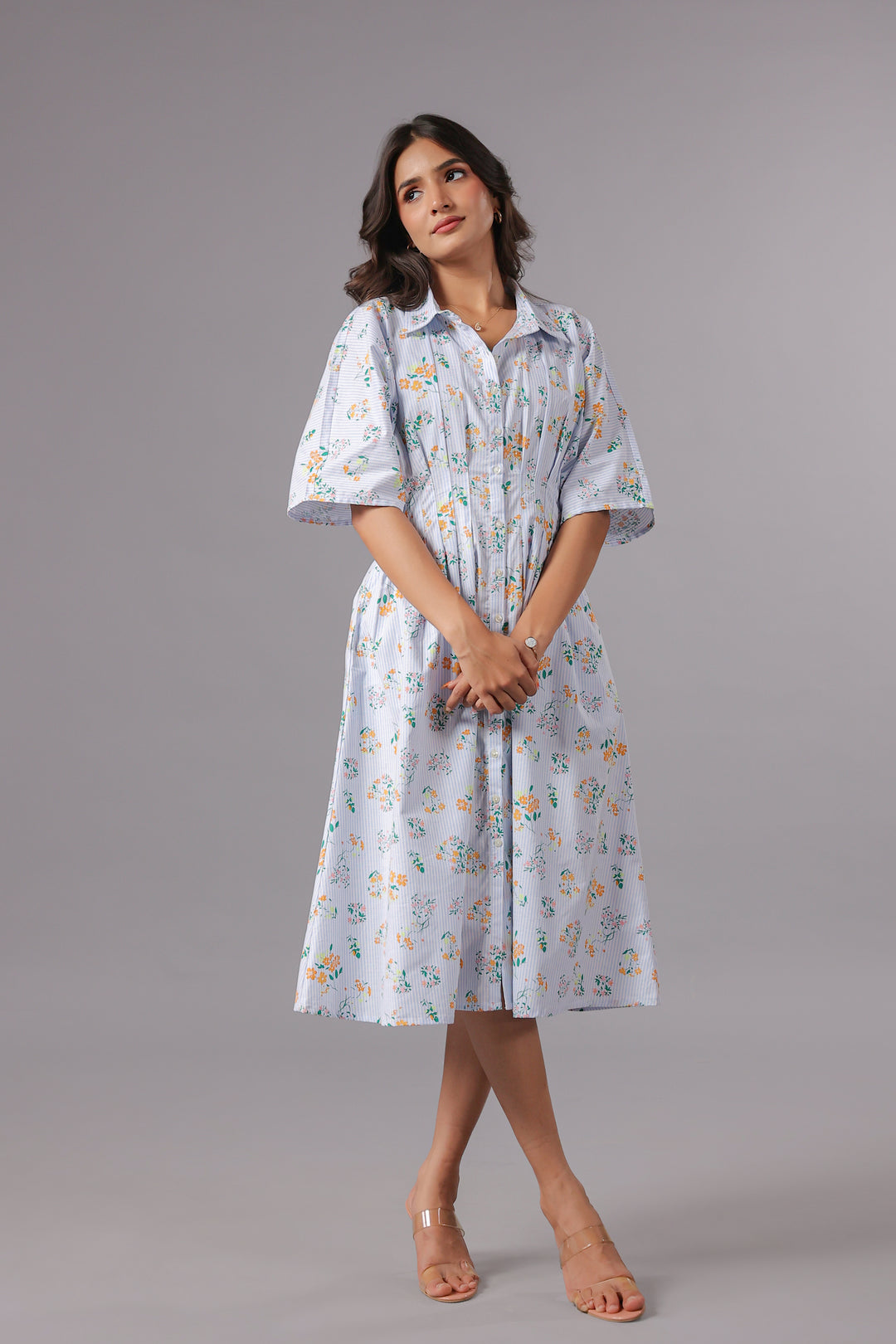 Shirt Dress In Yarn Dyed Stripe With Floral Print
