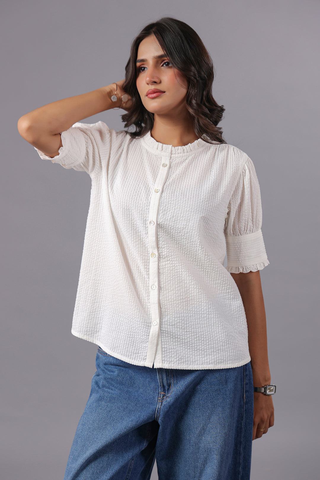 Seersucker White Friled Shirt