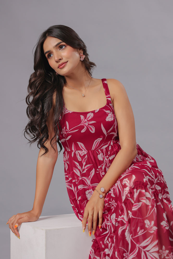 Chiffon Fit & Flare Midi Dress In Floral Print