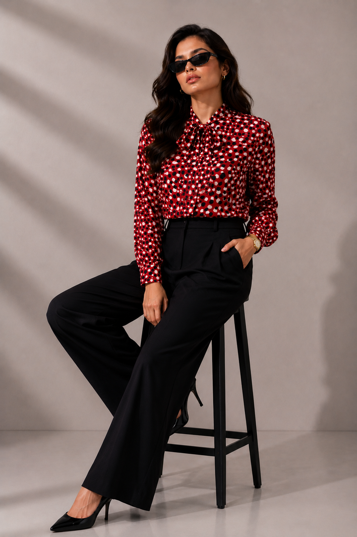 Tie-Neck Shirt In Abstract Dot Print