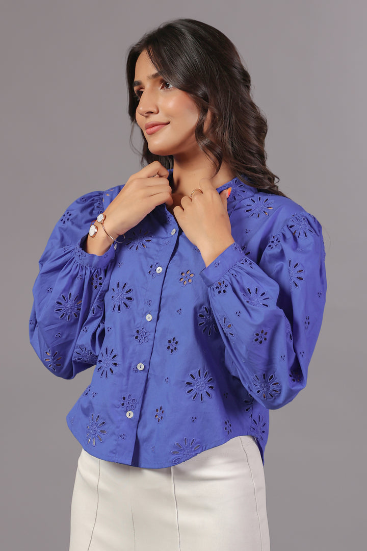 Blue Schiffli Shirt In Bishop Sleeve