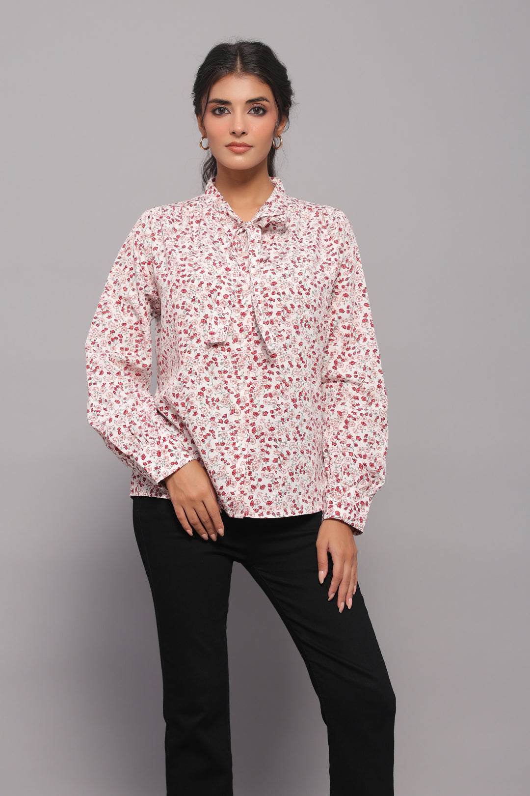 Tie-Neck Shirt In Ditsy Floral Print