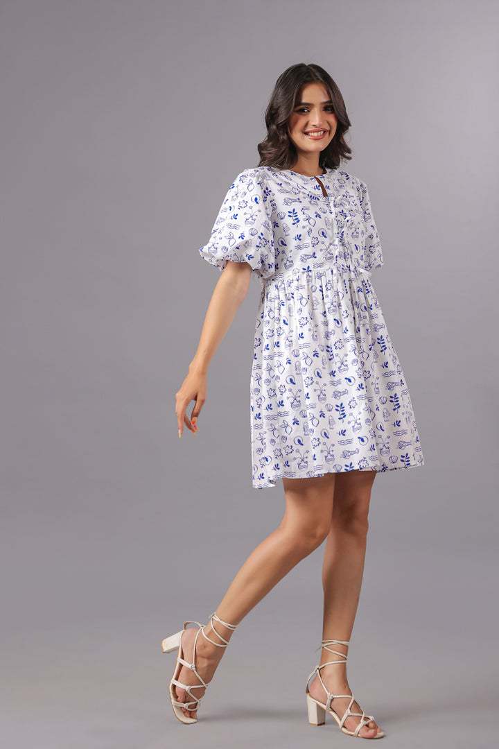 Balloon Sleeve Mini Dress In Ocean Print