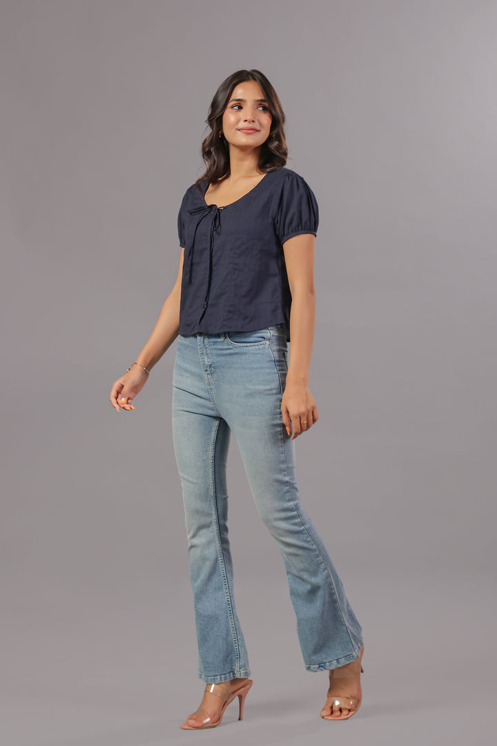 Navy Blue Tie-Neck Button Down Top