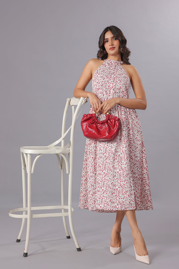 Red Floral Midi Dress With Slit in Ditsy Floral