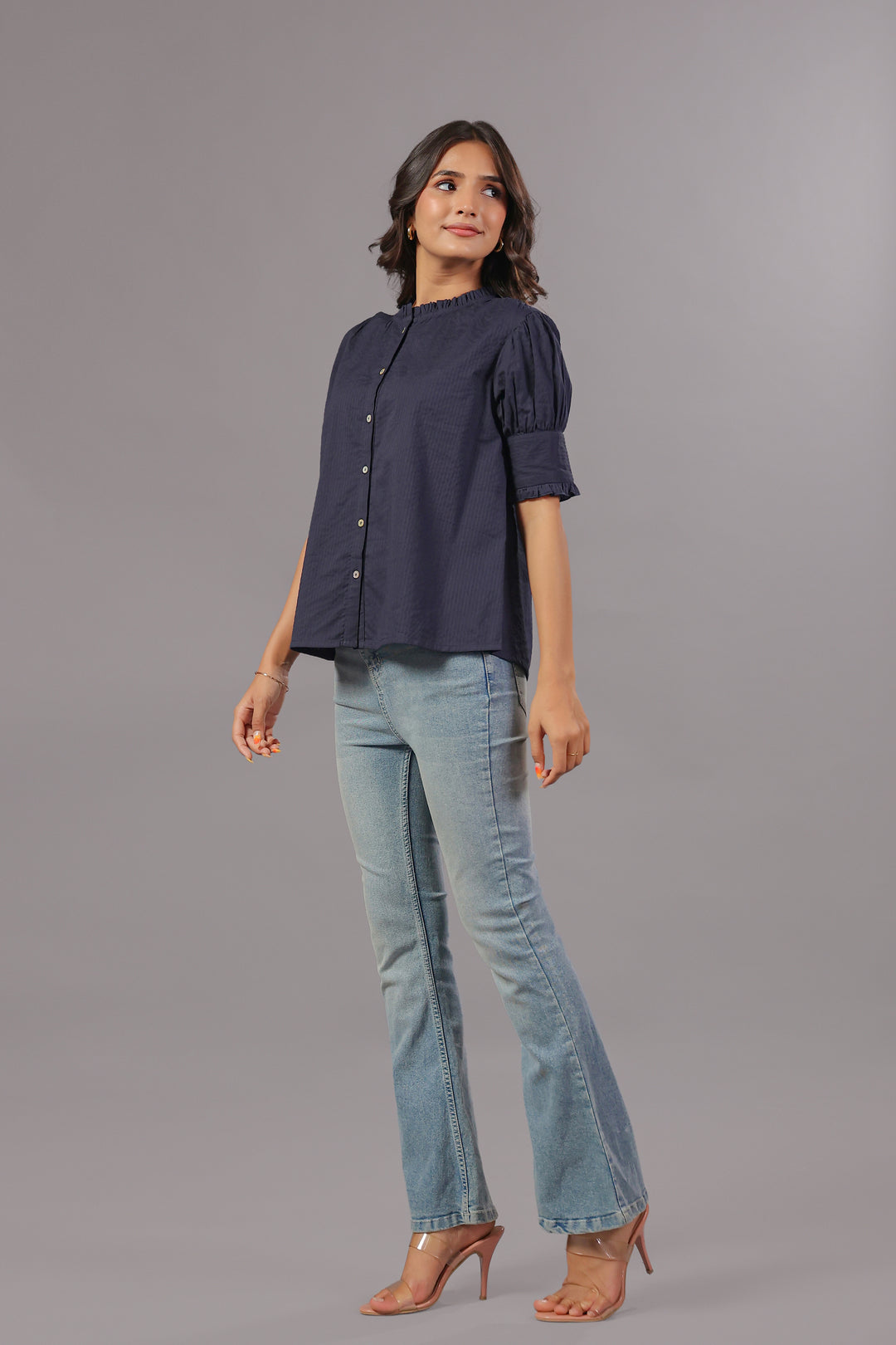 Seersucker Navy Blue Friled Shirt