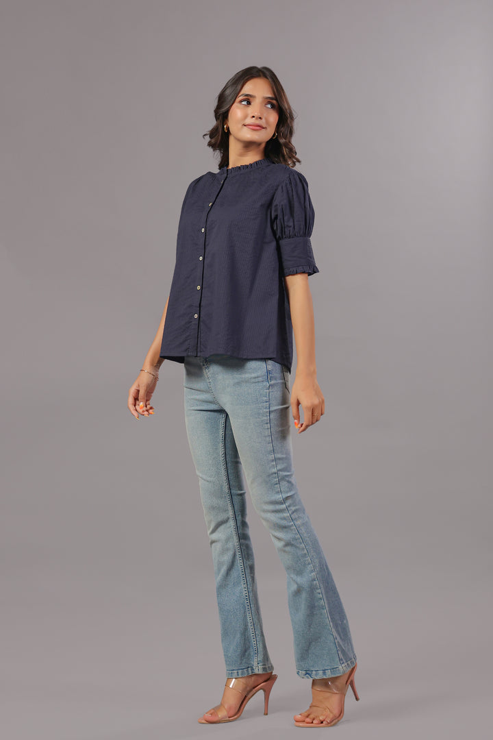 Seersucker Navy Blue Friled Shirt