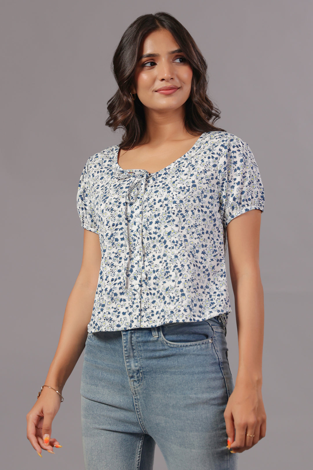 Ditsy Floral Tie-Neck Button Down Top