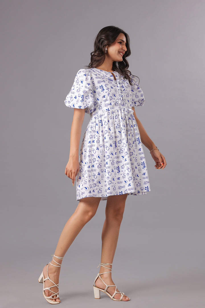 Balloon Sleeve Mini Dress In Ocean Print