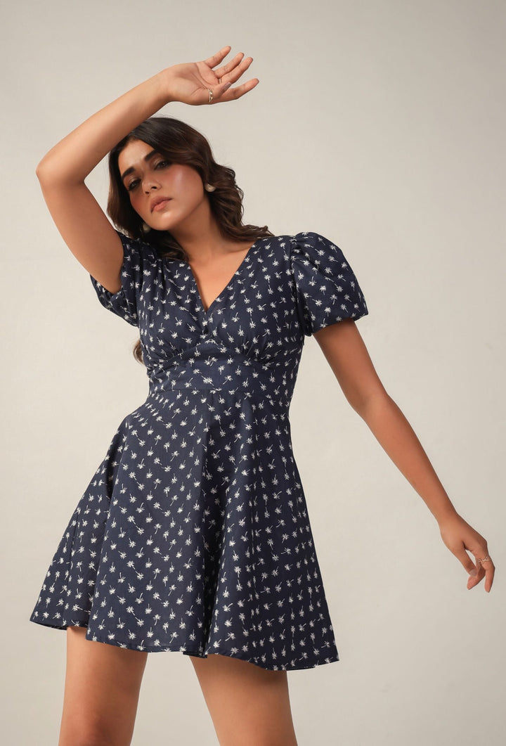 Blue Floral Print V neck Fit & Flare Waist Yoke Dress