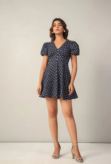 Blue Floral Print V neck Fit & Flare Waist Yoke Dress - June 9 Clothing