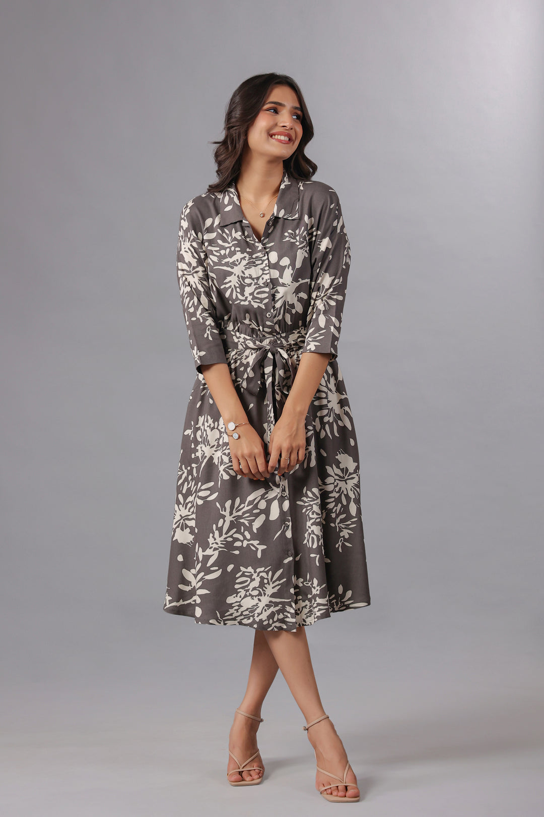Grey Fit and Flare Midi Dress