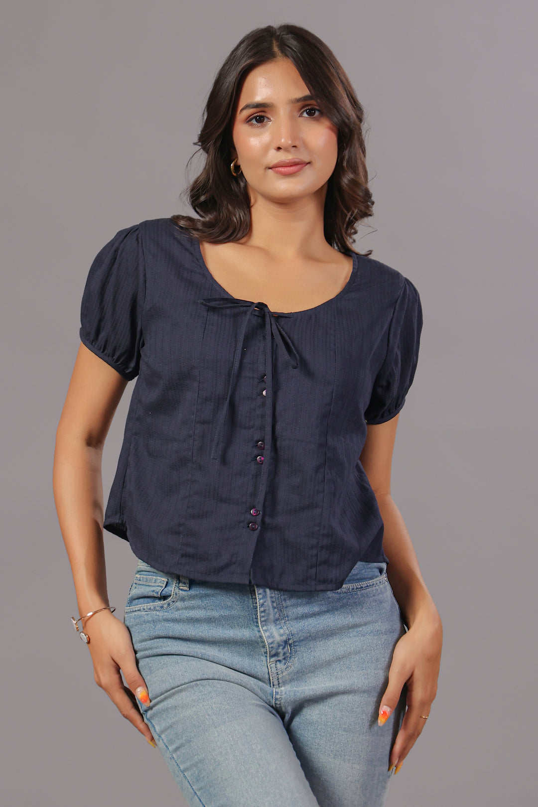 Navy Blue Tie-Neck Button Down Top