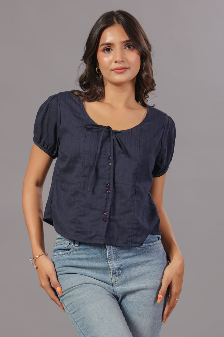 Navy Blue Tie-Neck Button Down Top