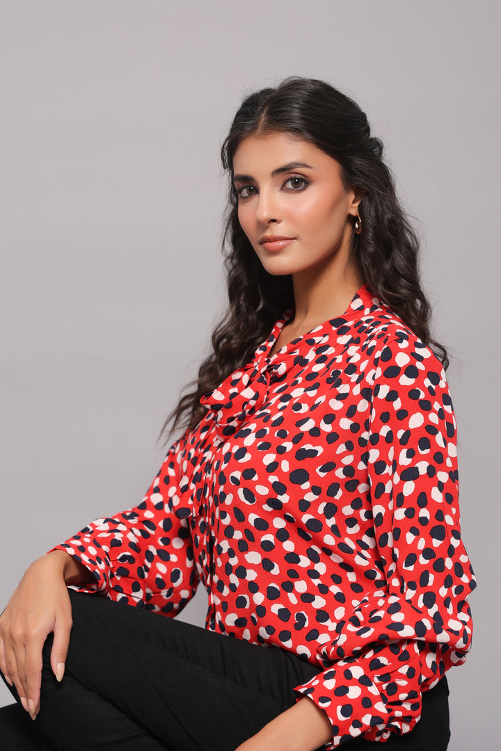 Tie-Neck Shirt In Abstract Dot Print