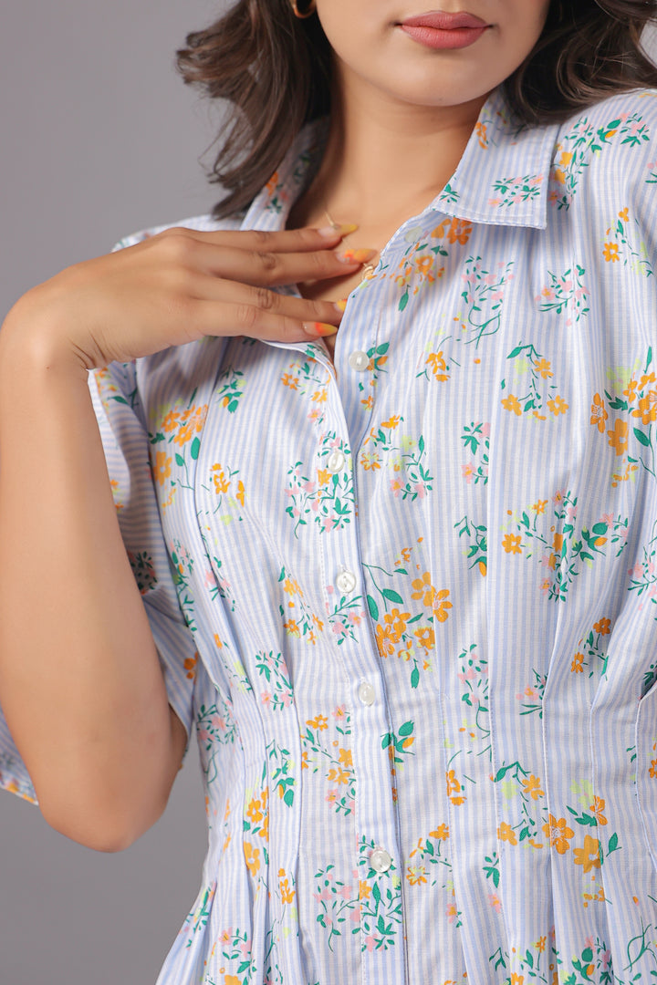Shirt Dress In Yarn Dyed Stripe With Floral Print