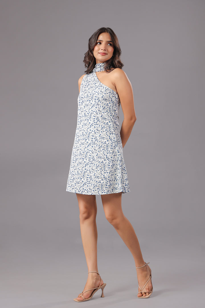 Disty Floral One Shoulder Mini Dress With Scarf