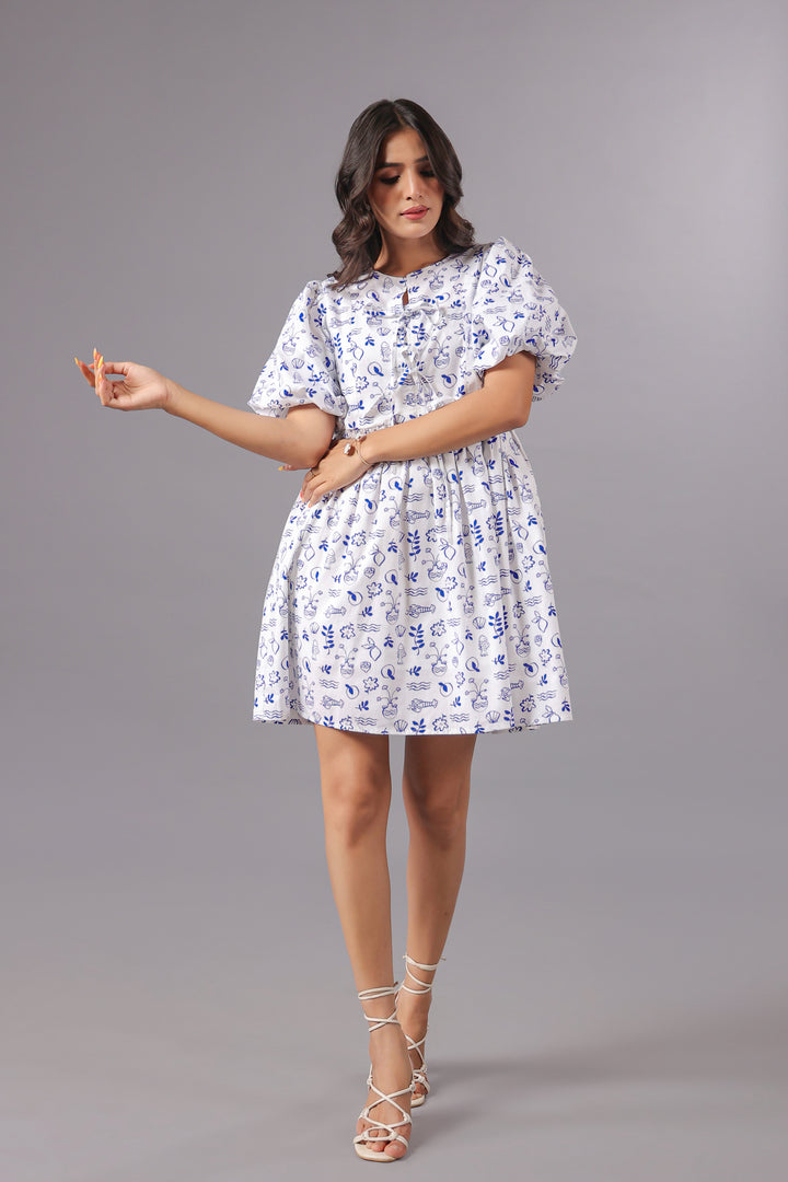 Balloon Sleeve Mini Dress In Ocean Print