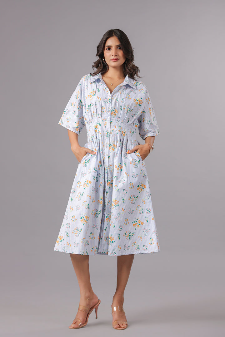 Shirt Dress In Yarn Dyed Stripe With Floral Print