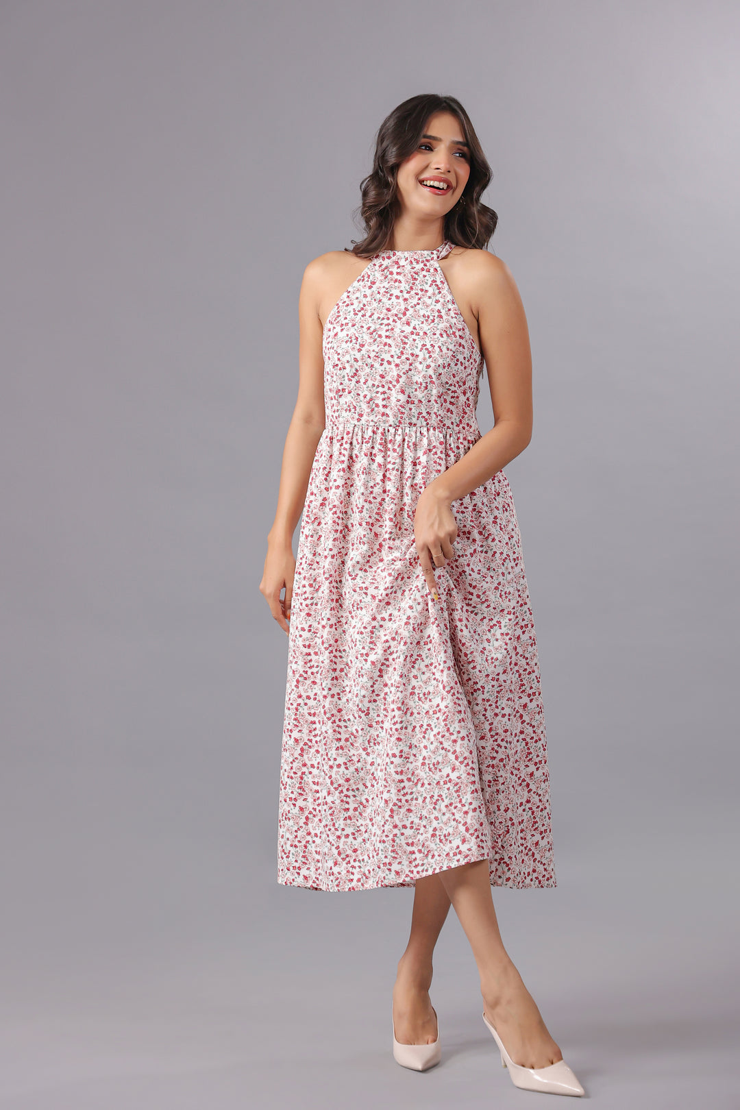 Red Floral Midi Dress With Slit in Ditsy Floral