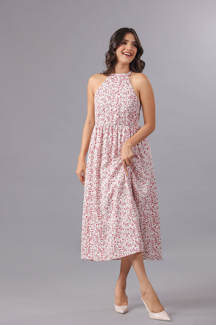 Red Floral Midi Dress With Slit in Ditsy Floral