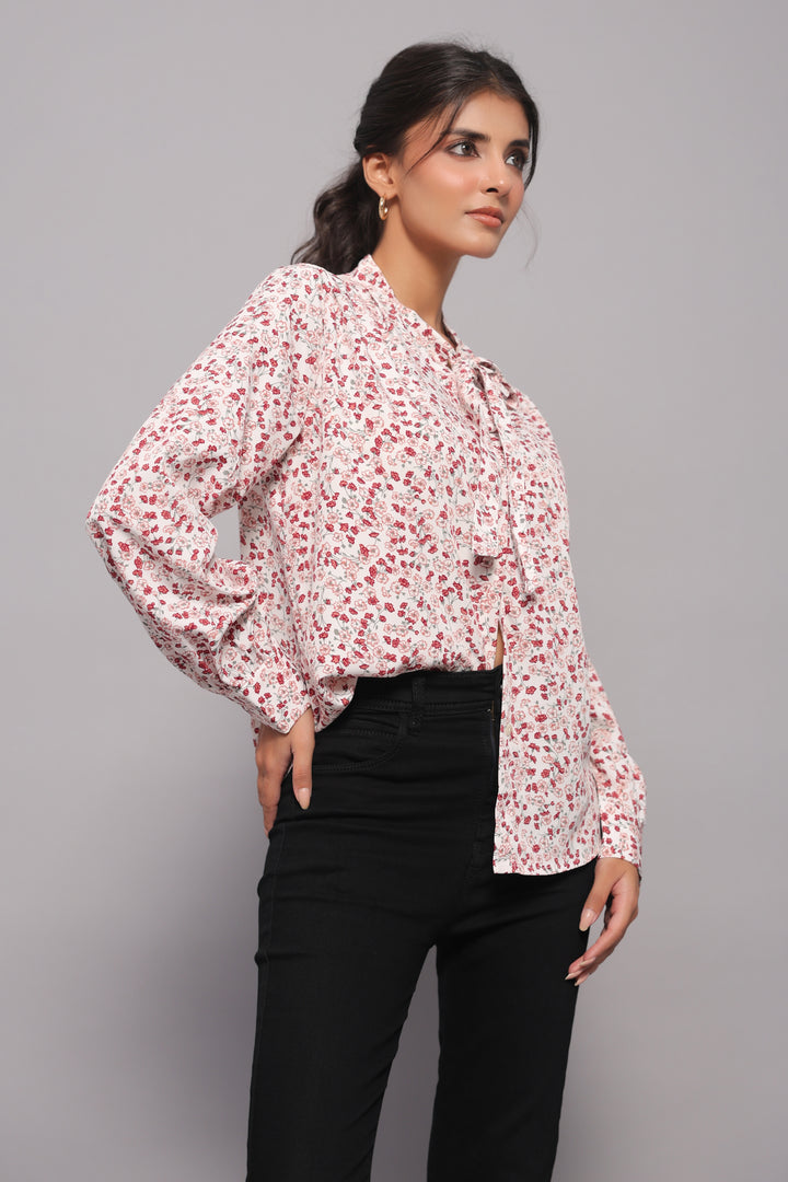 Tie-Neck Shirt In Ditsy Floral Print