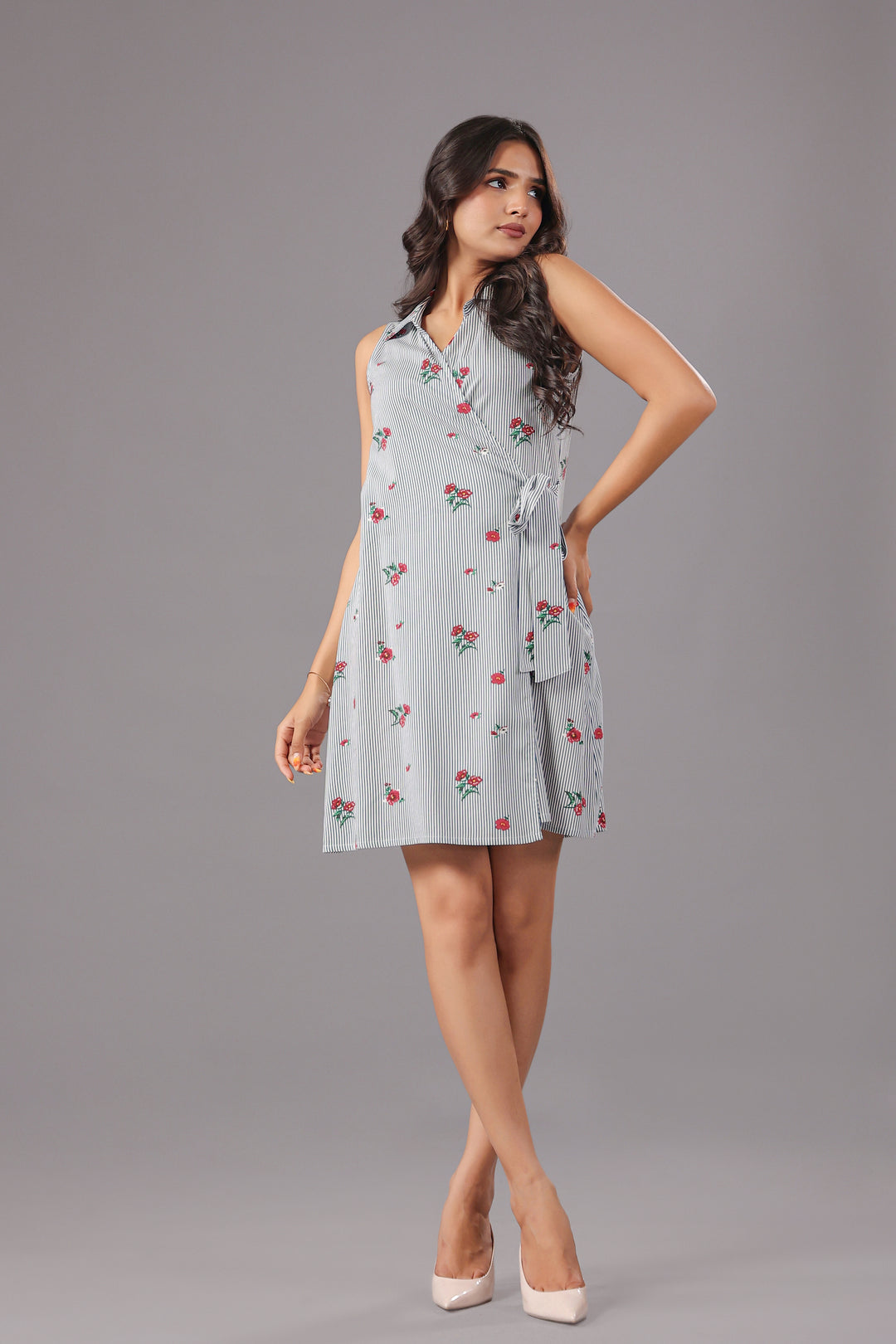 Wrap Mini Dress In Stripe and floral Print