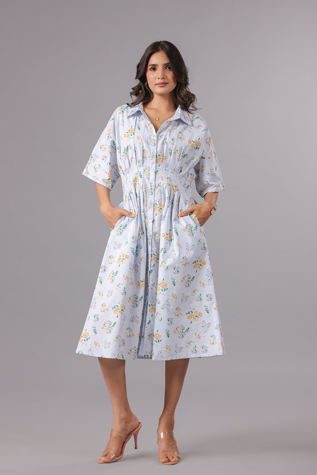 Shirt Dress In Yarn Dyed Stripe With Floral Print