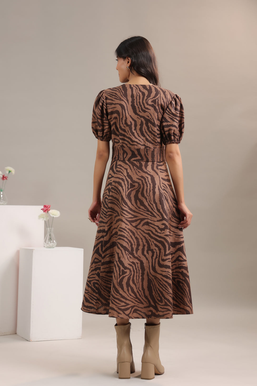 Animal print midi dress back view by June 9 Clothing – womens party wear dress in brown