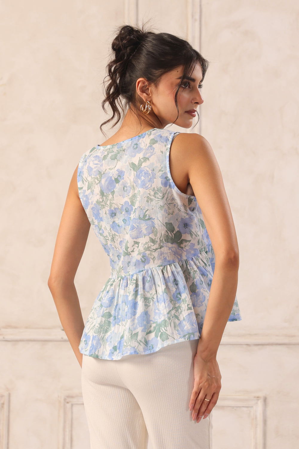 Blue floral print voile top back view women airy sleeveless summer top