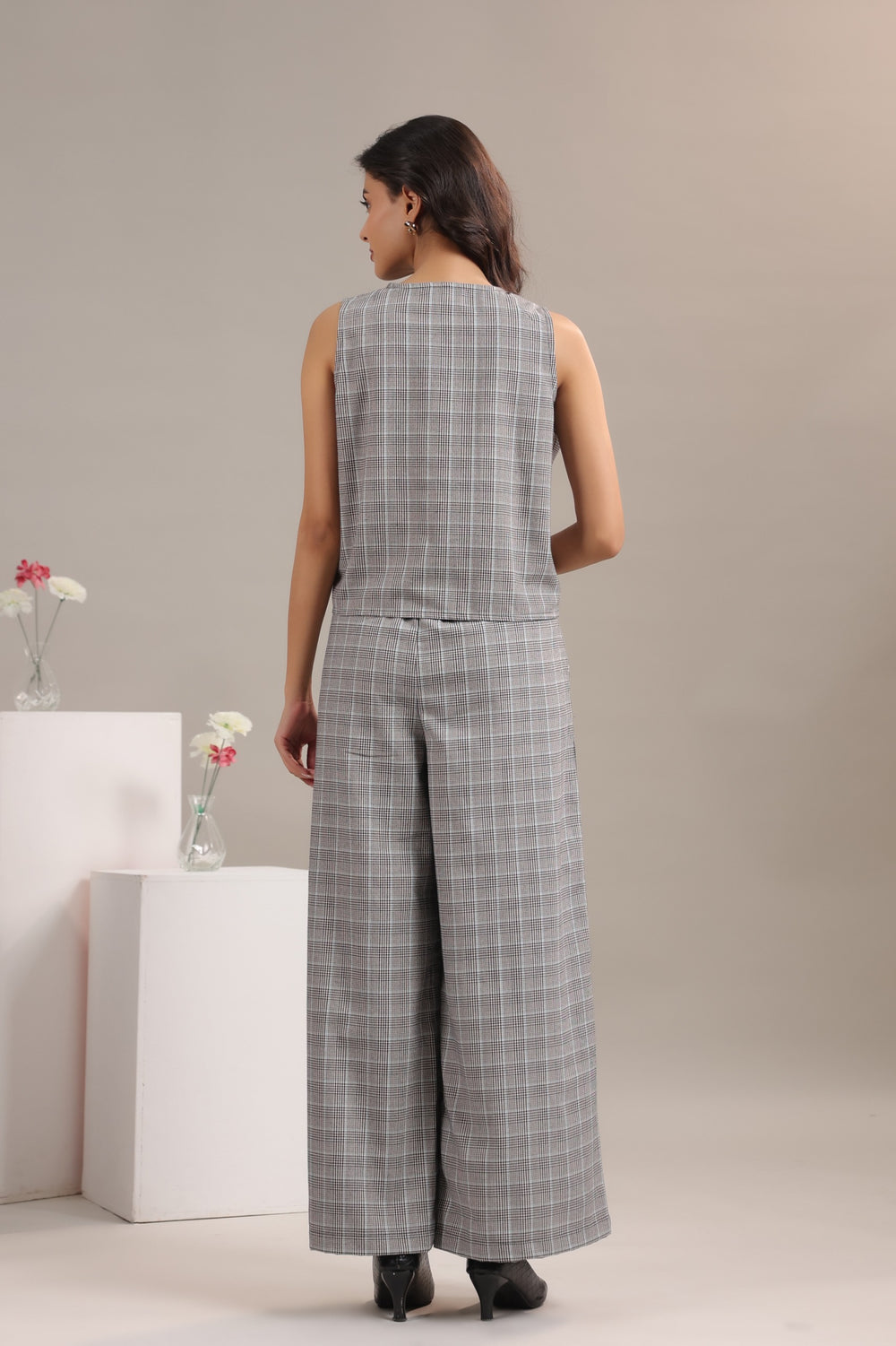 Grey checkered co ord set back view women vest and pant formal outfit