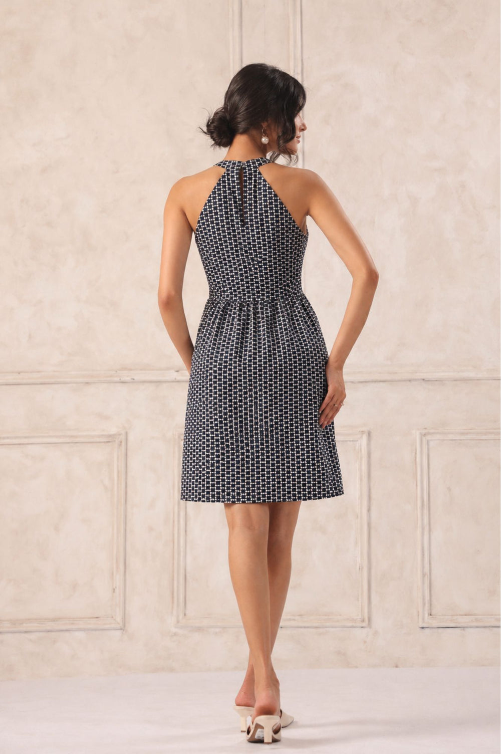 Navy halter neck mini dress back view women sleeveless short party dress