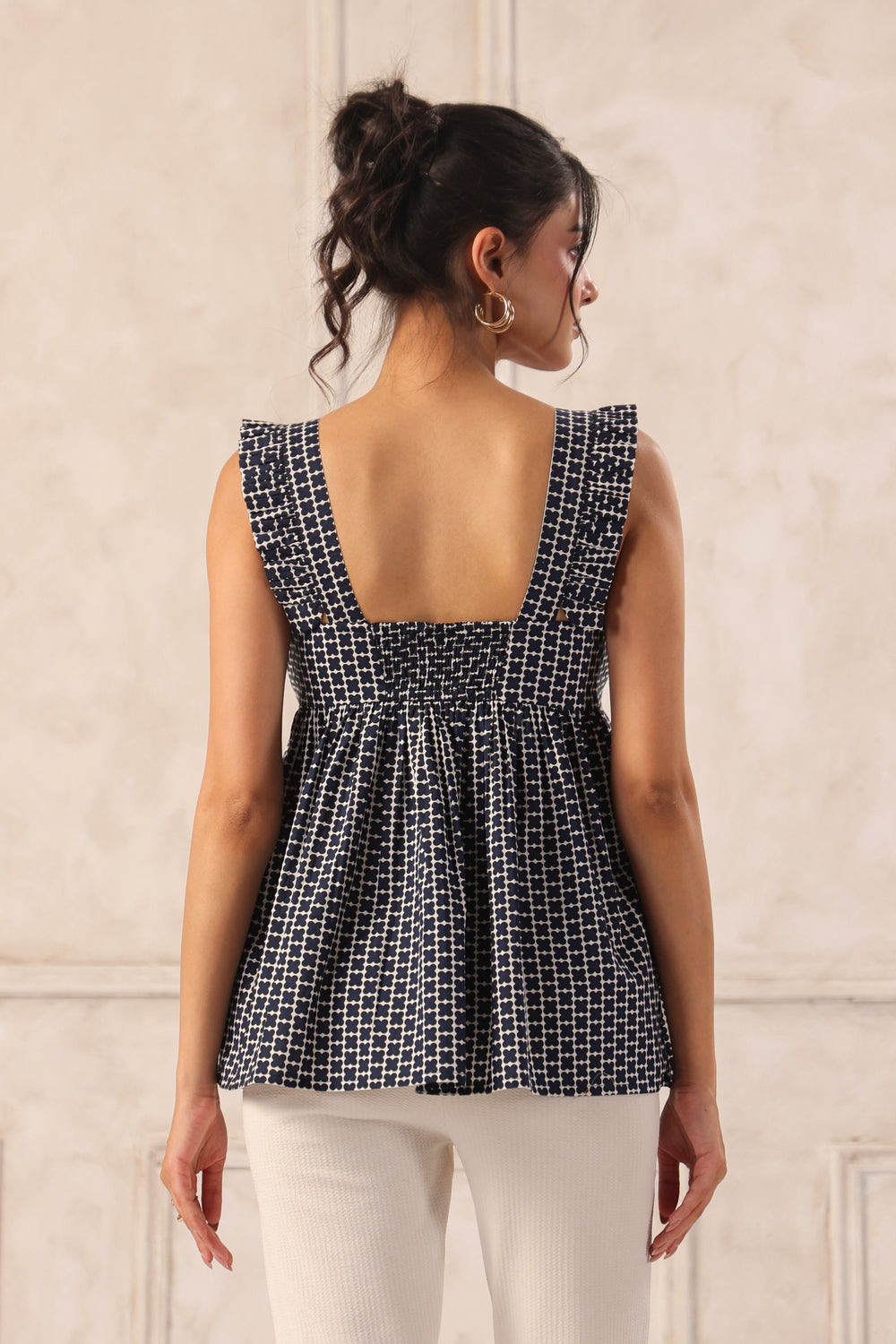 Navy peplum top back view women sleeveless cotton stylish summer top