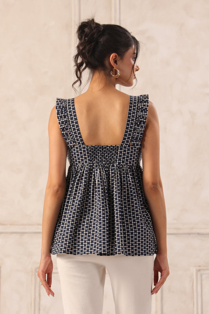Navy peplum top back view women sleeveless cotton stylish summer top