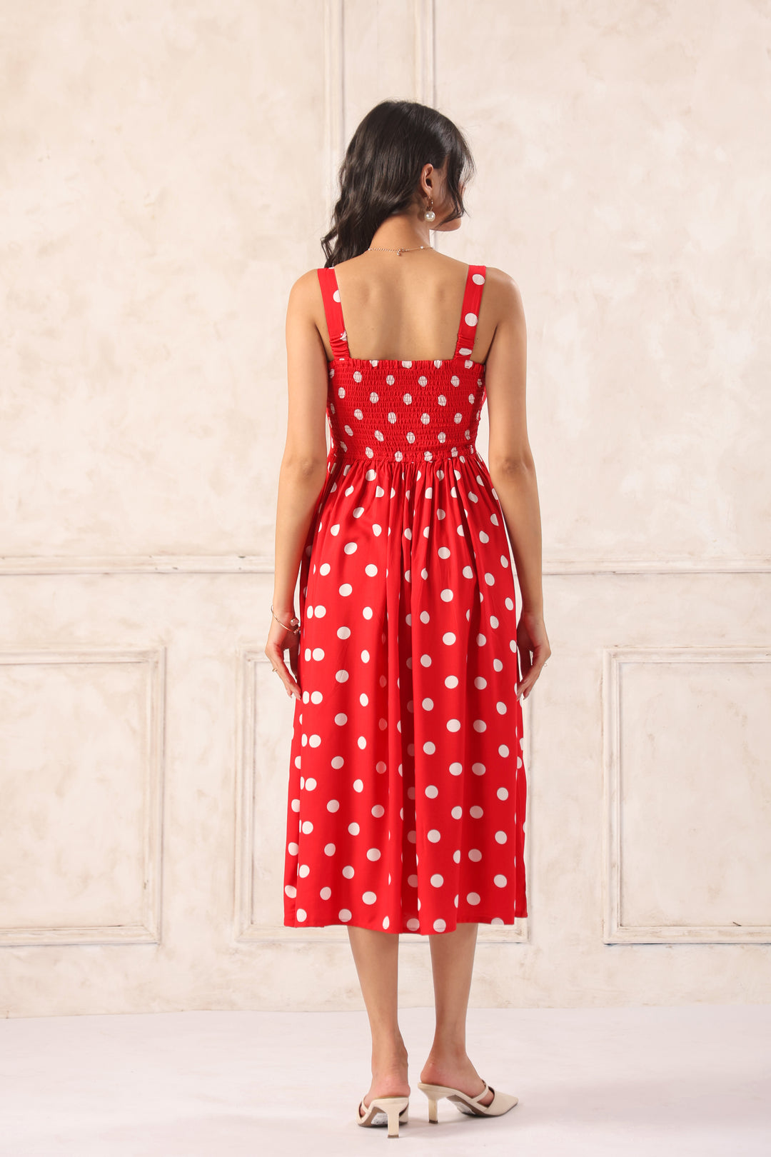 Red polka dot midi dress back view women sleeveless flared casual dress