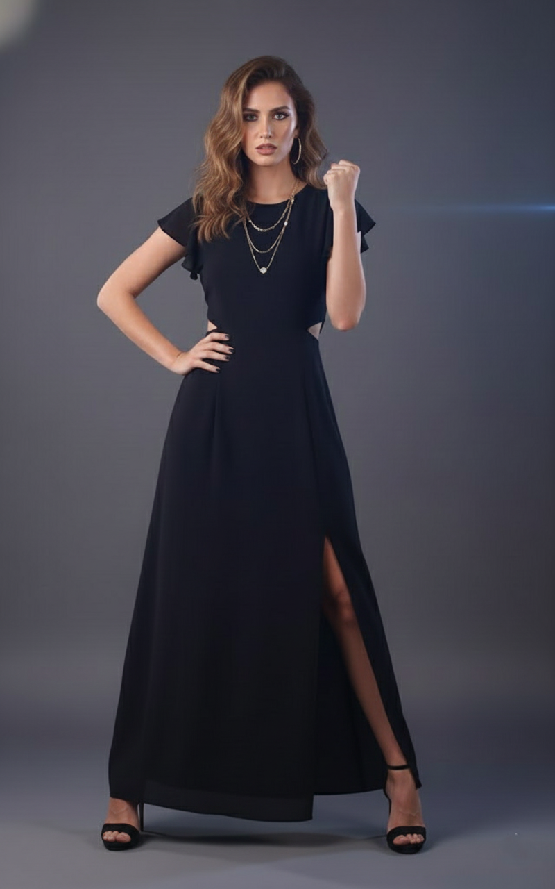 Black georgette maxi dress for women front view with waist cutout