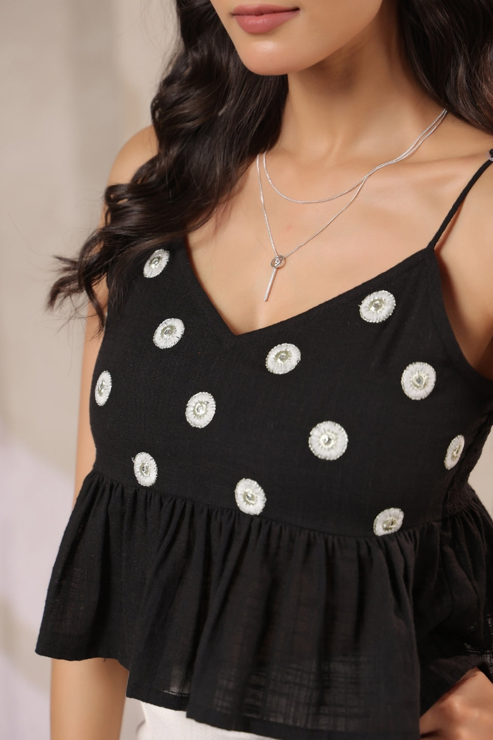Close up black embroidered peplum top cotton fabric detail women stylish top