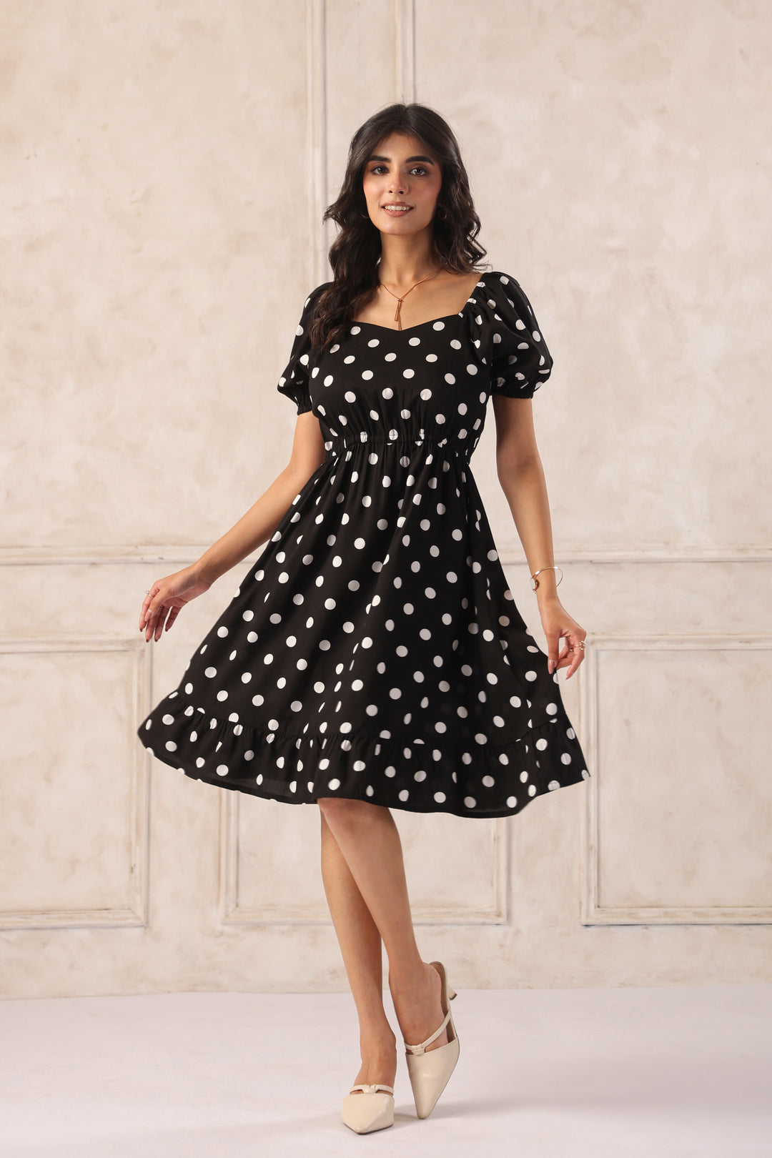 Black Polka Dot Mini Dress Flowy Moments 