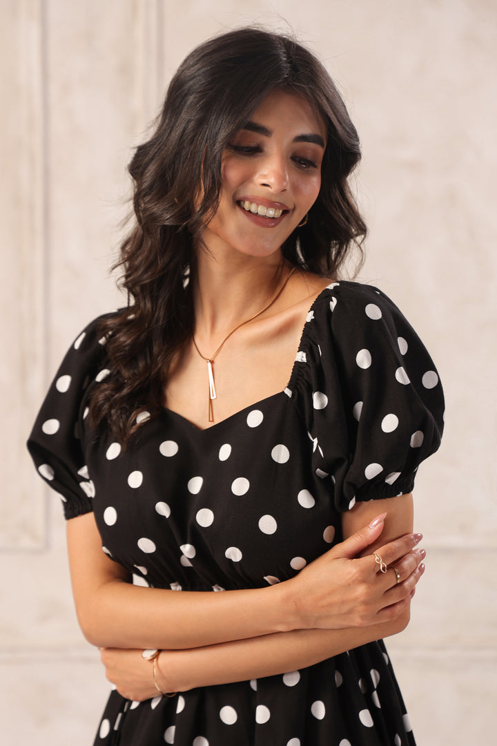 Black Polka Dot Mini Dress Flowy Moments  Neckline Detaling 