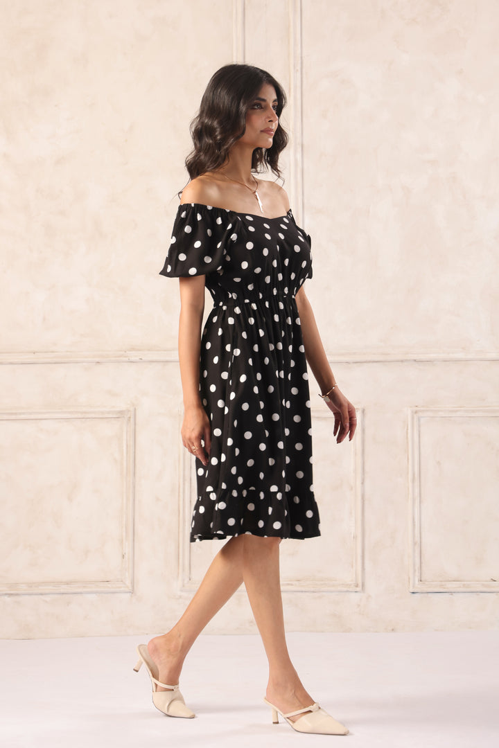 Close up black polka dot mini dress sweetheart neckline detail women dress