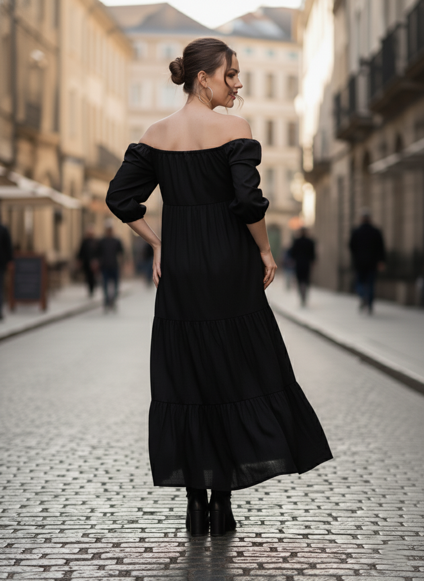 Back view of black maxi dress for women in breathable cotton fabric