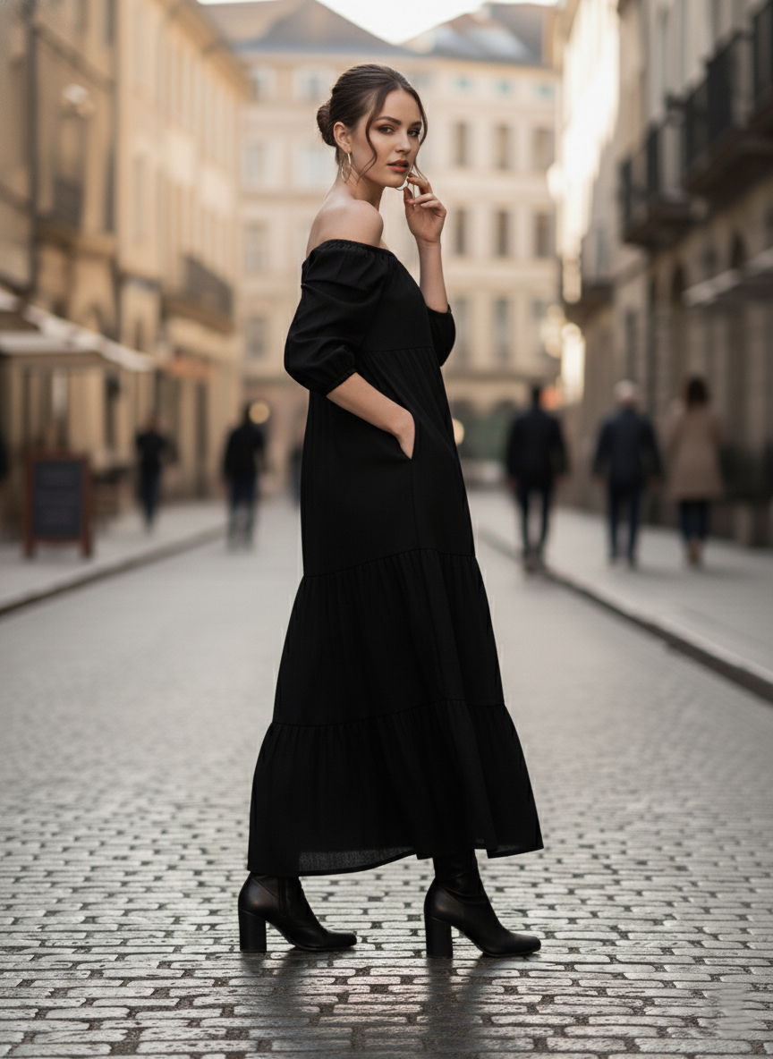 Side profile of black cotton poplin maxi dress showing flowy silhouette