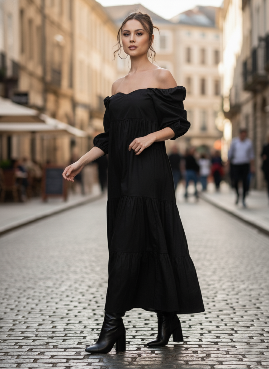 Black cotton poplin maxi dress with puff sleeves – front angle