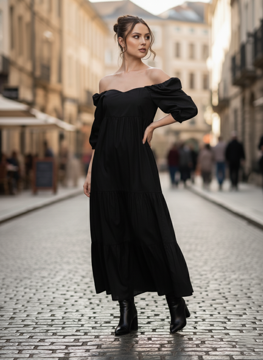 Black maxi dress for women in cotton poplin – full front view