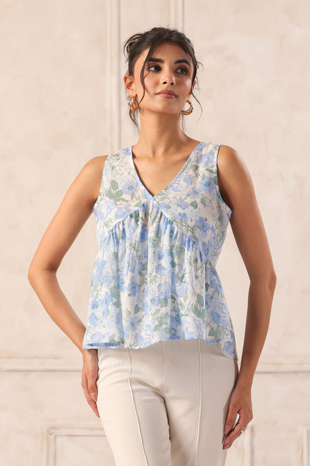 Blue floral voile top for women front full look sleeveless lightweight summer top