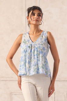 Blue floral voile top for women front full look sleeveless lightweight summer top