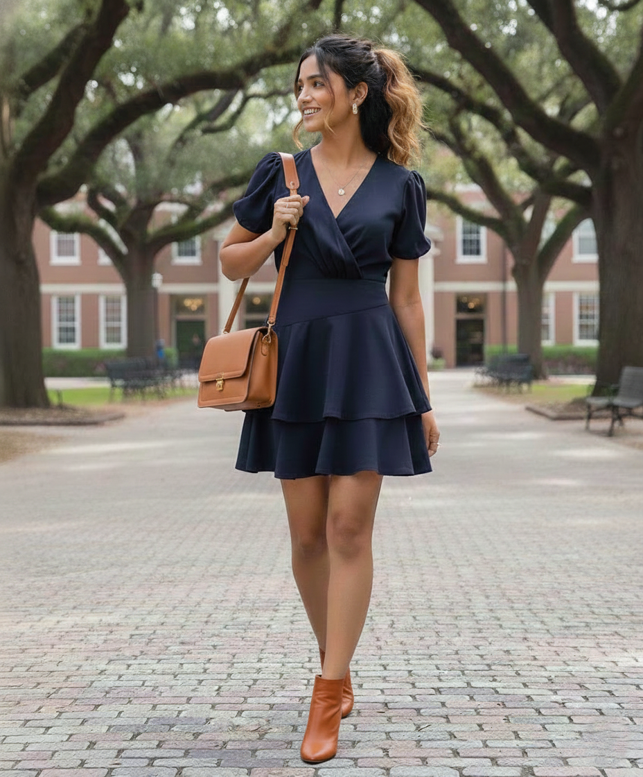 Blue Mini Dress for Women with Wrap Ruffle Style - frontview